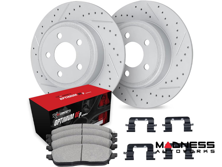 Jeep Renegade Brake Kit - Rear - R1 Concepts - Optimum OEp Brake Pads - GEO-Carbon Drilled + Slotted Rotors